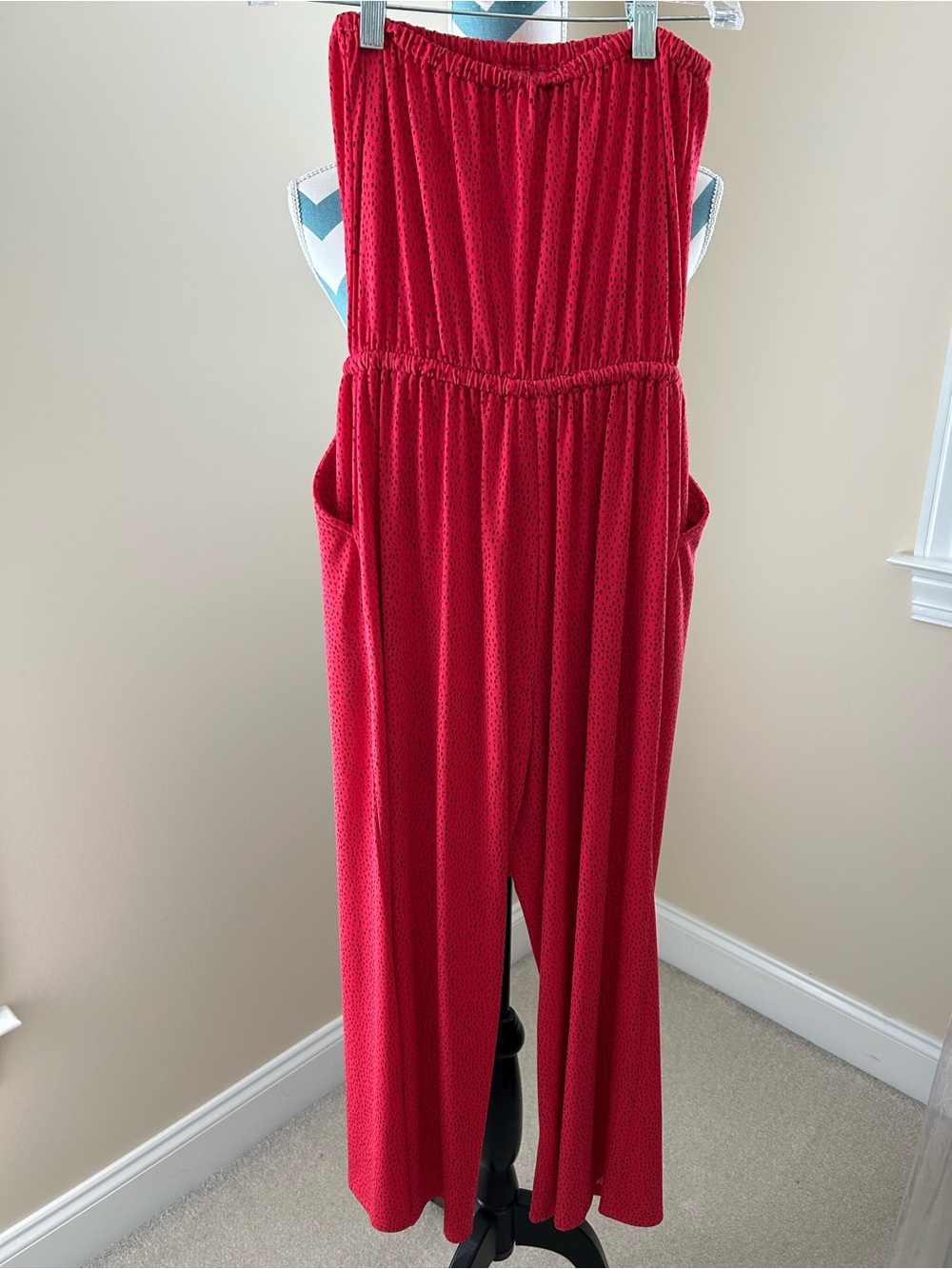 Express Strapless Red Drawstring Jumpsuit - Picture 3 of 4